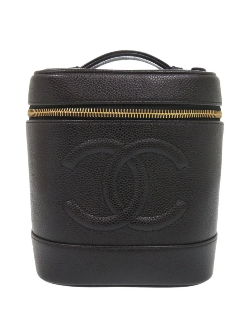Chanel CC Logo Caviar Leather Black Gold Vanity Makeup Pouch